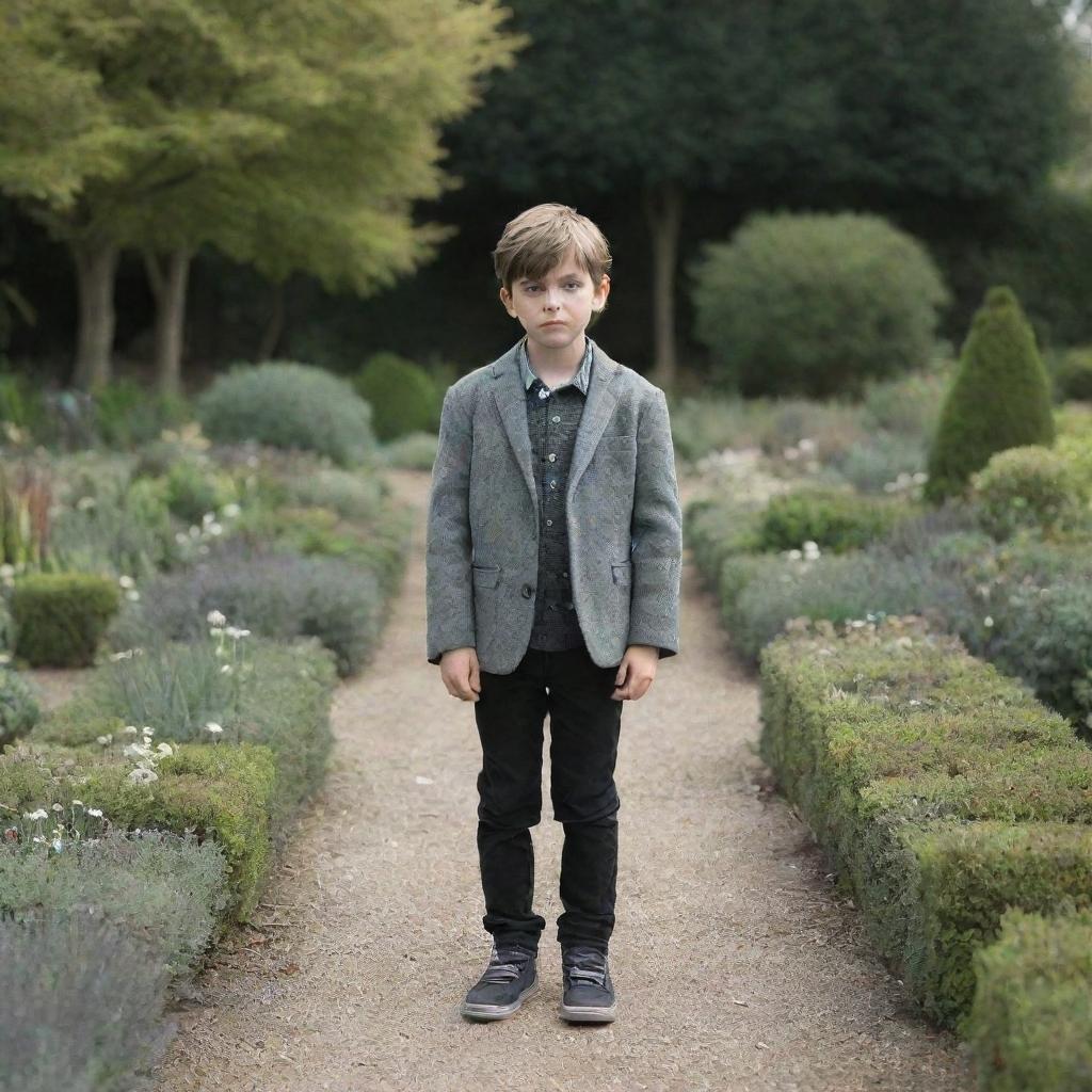 A boy standing alone in the midst of an empty, sprawling garden, adorned with a stylish grey jacket.