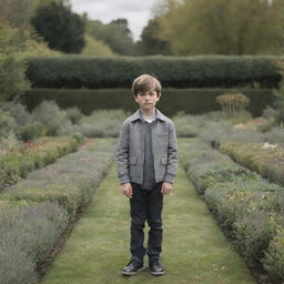 A boy standing alone in the midst of an empty, sprawling garden, adorned with a stylish grey jacket.