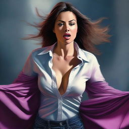 This is a highly realistic digital art piece, showcasing a woman in the midst of having her shirt ripped open