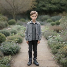 A boy standing alone in the midst of an empty, sprawling garden, adorned with a stylish grey jacket.