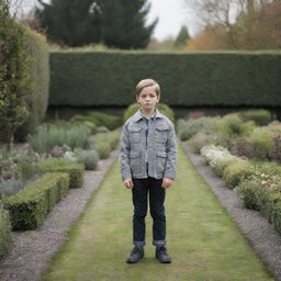 A boy standing alone in the midst of an empty, sprawling garden, adorned with a stylish grey jacket.