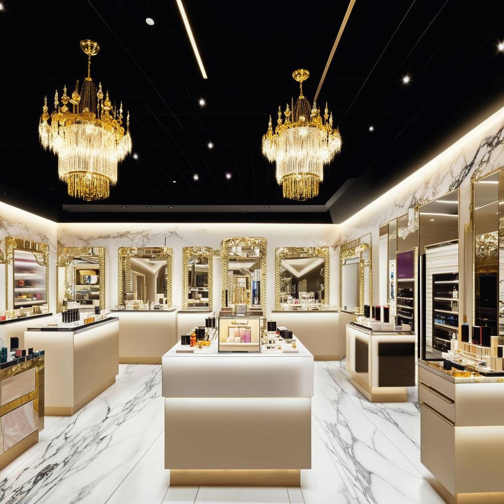 A luxury cosmetics store design with elegant chandeliers, marble counters, gold accents and a wide assortment of exclusive beauty products.