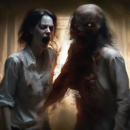 This is a highly detailed and realistic digital art piece, capturing an intense moment where a woman's shirt is being ripped open by an undead creature