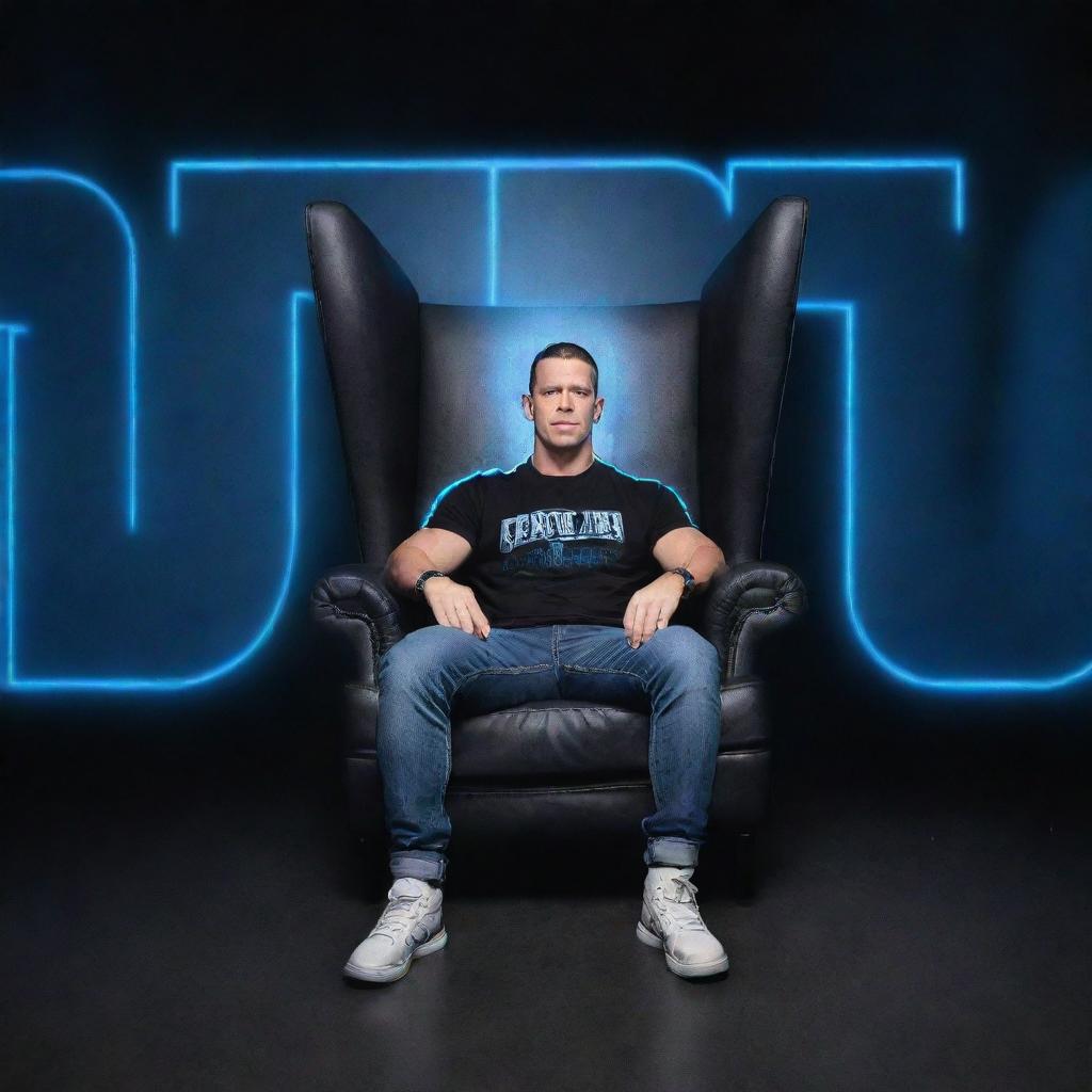 3D illusion of WWE superstar John Cena sitting in a wingback chair. In the background are large, capital letters spelling out 'JOHN CENA' in blue neon lights