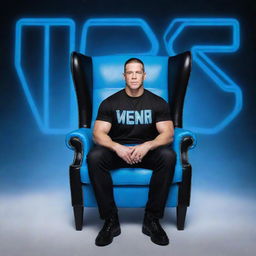 3D illusion of WWE superstar John Cena sitting in a wingback chair. In the background are large, capital letters spelling out 'JOHN CENA' in blue neon lights