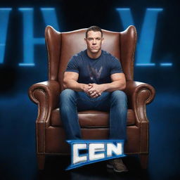 3D illusion of WWE superstar John Cena sitting in a wingback chair. In the background are large, capital letters spelling out 'JOHN CENA' in blue neon lights