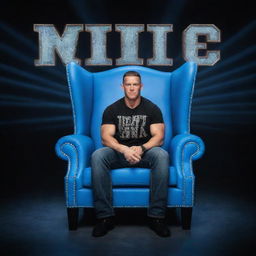 3D illusion of WWE superstar John Cena sitting in a wingback chair. In the background are large, capital letters spelling out 'JOHN CENA' in blue neon lights