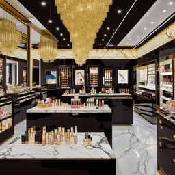 A luxury cosmetics store design with elegant chandeliers, marble counters, gold accents and a wide assortment of exclusive beauty products.