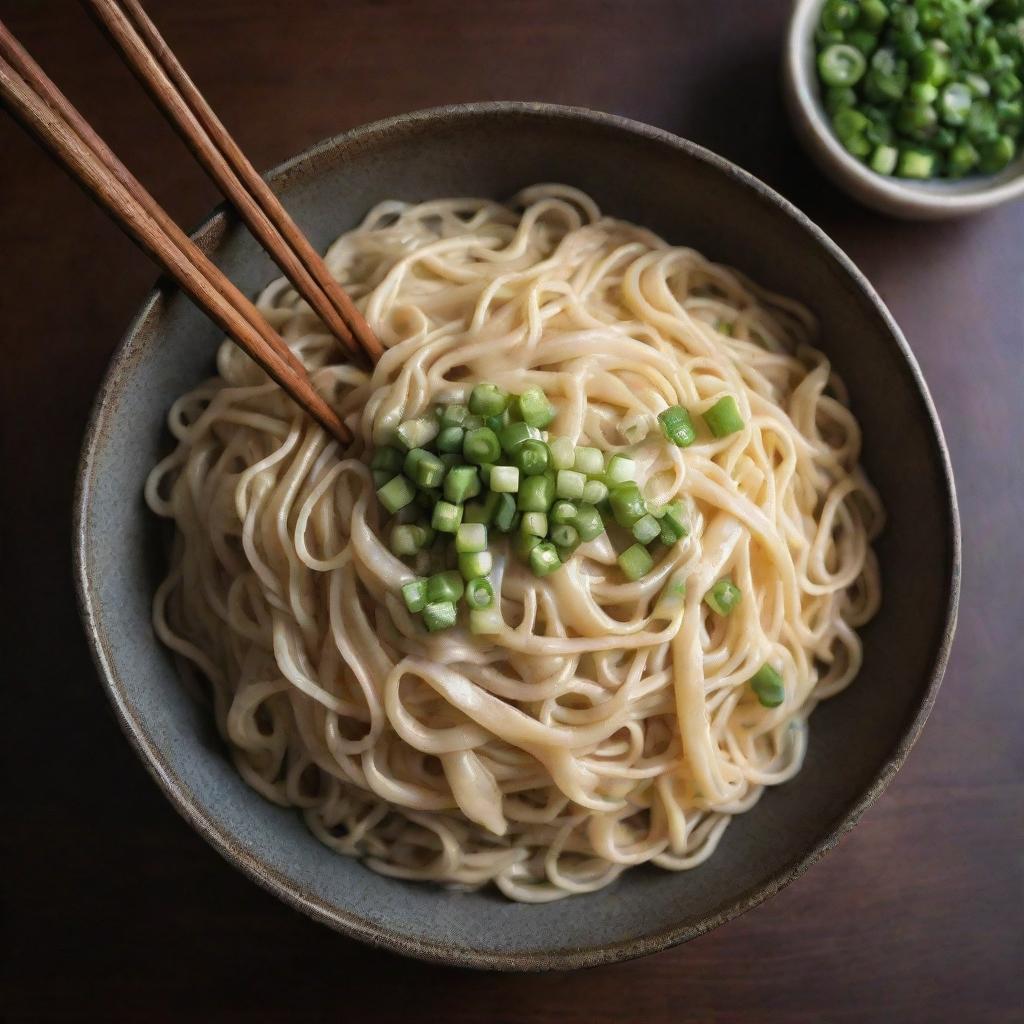 A large bowl of steaming, freshly cooked noodles garnished with green onions and sided by chopsticks, placed on a rustic wooden table.