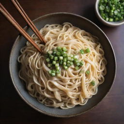 A large bowl of steaming, freshly cooked noodles garnished with green onions and sided by chopsticks, placed on a rustic wooden table.