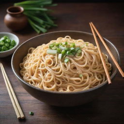 A large bowl of steaming, freshly cooked noodles garnished with green onions and sided by chopsticks, placed on a rustic wooden table.