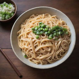 A large bowl of steaming, freshly cooked noodles garnished with green onions and sided by chopsticks, placed on a rustic wooden table.