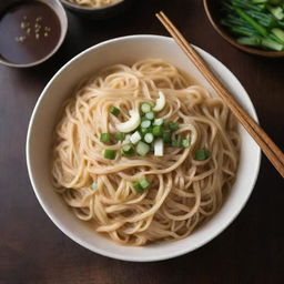 A large bowl of steaming, freshly cooked noodles garnished with green onions and sided by chopsticks, placed on a rustic wooden table.