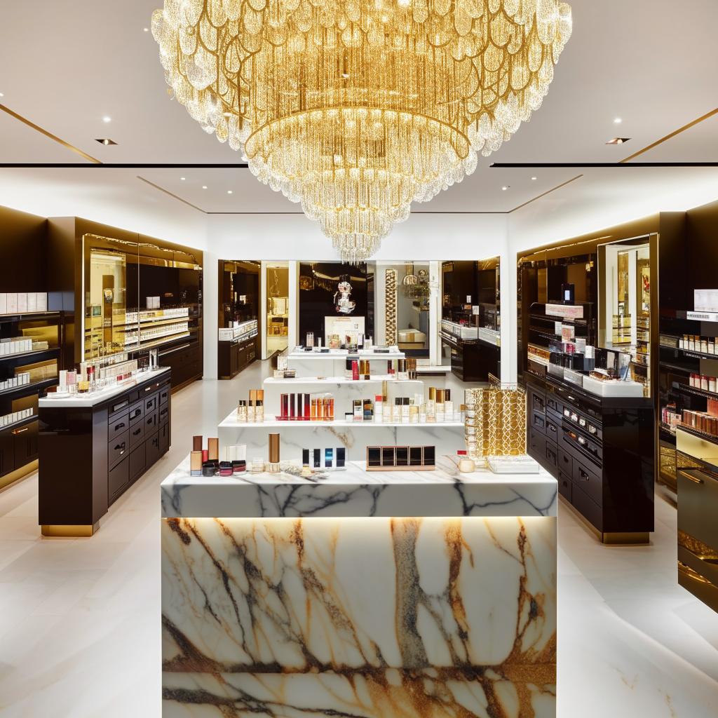 A luxury cosmetics store design with elegant chandeliers, marble counters, gold accents and a wide assortment of exclusive beauty products.