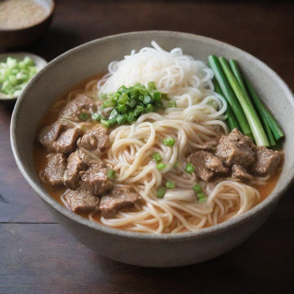 An oversized bowl filled to the brim with steaming hot noodles, generously garnished with green onions. Positioned on a rustic wooden table with chopsticks leaning against the bowl.