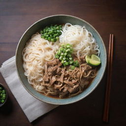 An oversized bowl filled to the brim with steaming hot noodles, generously garnished with green onions. Positioned on a rustic wooden table with chopsticks leaning against the bowl.