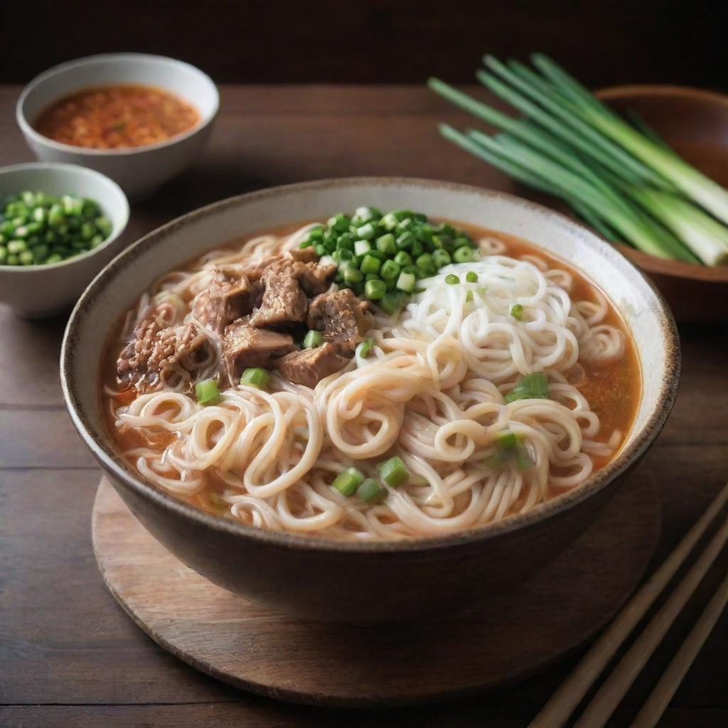 An oversized bowl filled to the brim with steaming hot noodles, generously garnished with green onions. Positioned on a rustic wooden table with chopsticks leaning against the bowl.