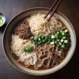 An oversized bowl filled to the brim with steaming hot noodles, generously garnished with green onions. Positioned on a rustic wooden table with chopsticks leaning against the bowl.