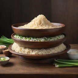 A monumental bowl, like a stadium sized, overflowing with steaming noodles and copious amount of green onions. This extraordinary scene is imagined as if the rustic wooden table and chopsticks turned into towering structures.