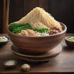 A monumental bowl, like a stadium sized, overflowing with steaming noodles and copious amount of green onions. This extraordinary scene is imagined as if the rustic wooden table and chopsticks turned into towering structures.