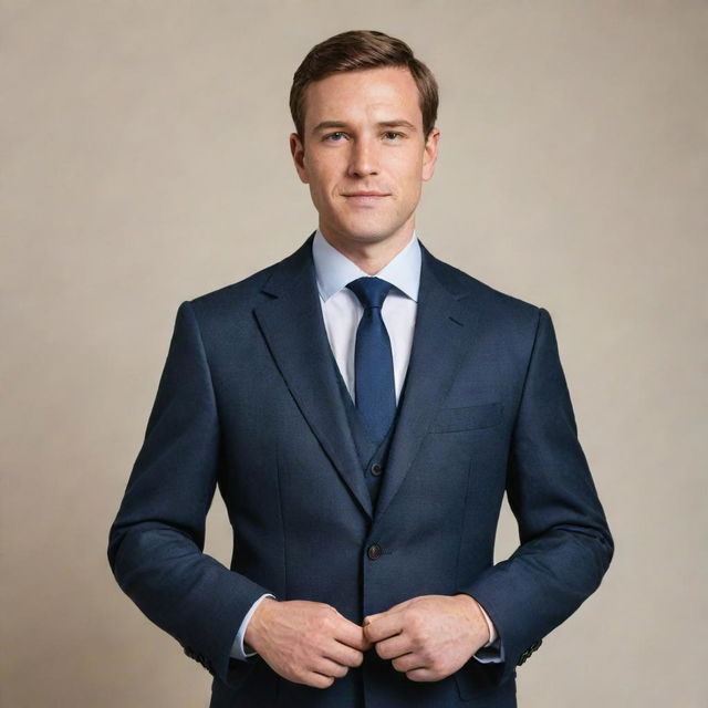 A formal portrait of a person dressed in a smart suit, against a neutral backdrop. The person has a confident, professional expression.