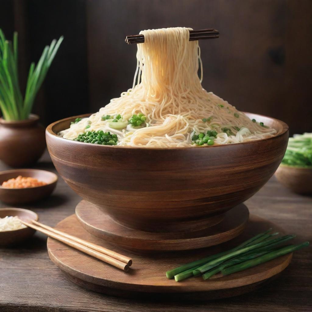 A monumental bowl, like a stadium sized, overflowing with steaming noodles and copious amount of green onions. This extraordinary scene is imagined as if the rustic wooden table and chopsticks turned into towering structures.