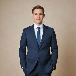 A formal portrait of a person dressed in a smart suit, against a neutral backdrop. The person has a confident, professional expression.