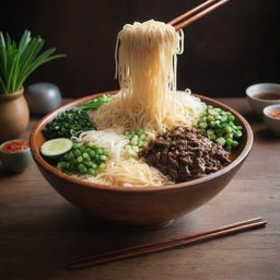 A monumental bowl, like a stadium sized, overflowing with steaming noodles and copious amount of green onions. This extraordinary scene is imagined as if the rustic wooden table and chopsticks turned into towering structures.