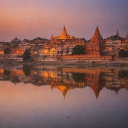 A panoramic view of Ayodhya city at sunset with the vibrant colors of the sky reflecting on the Sarayu River and the numerous temple spires silhouetting against the skyline.