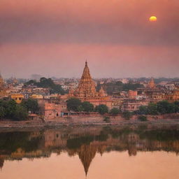 A panoramic view of Ayodhya city at sunset with the vibrant colors of the sky reflecting on the Sarayu River and the numerous temple spires silhouetting against the skyline.