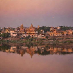 A panoramic view of Ayodhya city at sunset with the vibrant colors of the sky reflecting on the Sarayu River and the numerous temple spires silhouetting against the skyline.