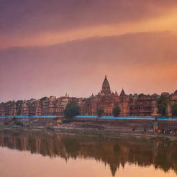 A panoramic view of Ayodhya city at sunset with the vibrant colors of the sky reflecting on the Sarayu River and the numerous temple spires silhouetting against the skyline.