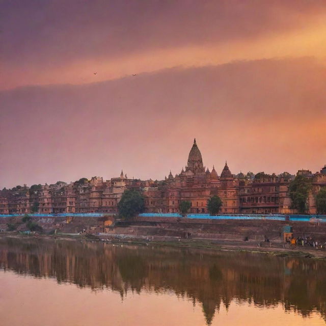 A panoramic view of Ayodhya city at sunset with the vibrant colors of the sky reflecting on the Sarayu River and the numerous temple spires silhouetting against the skyline.