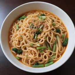 A universe where noodles form galaxies and green onions are stars, all contained in a cosmic bowl so massive, it dwarfs galaxies. The chopsticks loom like celestial pillars in this noodle cosmos.