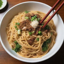 A universe where noodles form galaxies and green onions are stars, all contained in a cosmic bowl so massive, it dwarfs galaxies. The chopsticks loom like celestial pillars in this noodle cosmos.