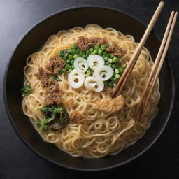 A universe where noodles form galaxies and green onions are stars, all contained in a cosmic bowl so massive, it dwarfs galaxies. The chopsticks loom like celestial pillars in this noodle cosmos.