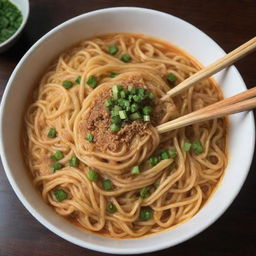 A universe where noodles form galaxies and green onions are stars, all contained in a cosmic bowl so massive, it dwarfs galaxies. The chopsticks loom like celestial pillars in this noodle cosmos.