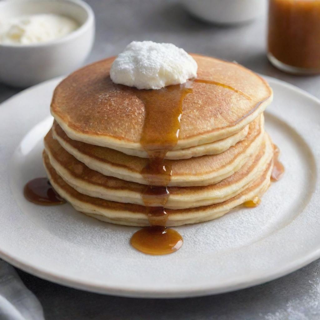 A delectable fluffy $1 pancake covered in a light dusting of powdered sugar, syrup dripping around the edges, on a simple white plate, set on a diner style table.