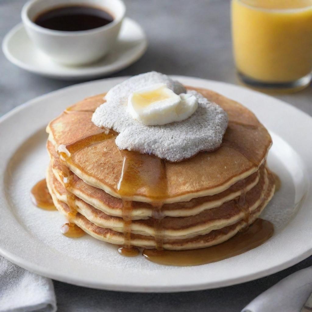 A delectable fluffy $1 pancake covered in a light dusting of powdered sugar, syrup dripping around the edges, on a simple white plate, set on a diner style table.