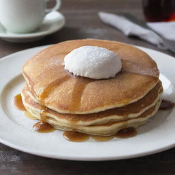 A delectable fluffy $1 pancake covered in a light dusting of powdered sugar, syrup dripping around the edges, on a simple white plate, set on a diner style table.