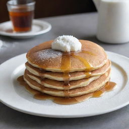 A delectable fluffy $1 pancake covered in a light dusting of powdered sugar, syrup dripping around the edges, on a simple white plate, set on a diner style table.