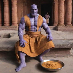 Thanos, the Marvel character, wearing a traditional Indian dhoti, preparing Prasad (holy offering), inside the renowned Ram Temple in Ayodhya.