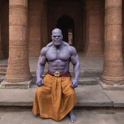 Thanos, the Marvel character, wearing a traditional Indian dhoti, preparing Prasad (holy offering), inside the renowned Ram Temple in Ayodhya.