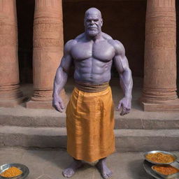 Thanos, the Marvel character, wearing a traditional Indian dhoti, preparing Prasad (holy offering), inside the renowned Ram Temple in Ayodhya.