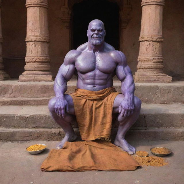 Thanos, the Marvel character, wearing a traditional Indian dhoti, preparing Prasad (holy offering), inside the renowned Ram Temple in Ayodhya.