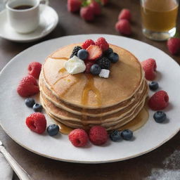 An upscale $10 pancake, artistically presented, covered in gourmet ingredients like organic maple syrup, fresh berries, and a dusting of powdered sugar, served on a premium porcelain plate on a fancy dining table.