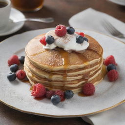 An upscale $10 pancake, artistically presented, covered in gourmet ingredients like organic maple syrup, fresh berries, and a dusting of powdered sugar, served on a premium porcelain plate on a fancy dining table.