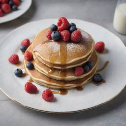 An upscale $10 pancake, artistically presented, covered in gourmet ingredients like organic maple syrup, fresh berries, and a dusting of powdered sugar, served on a premium porcelain plate on a fancy dining table.