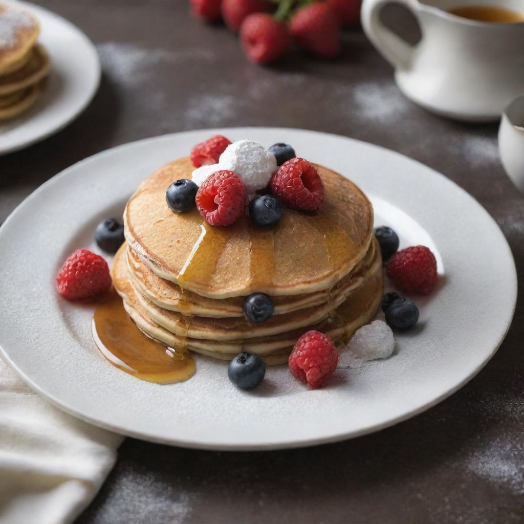 An upscale $10 pancake, artistically presented, covered in gourmet ingredients like organic maple syrup, fresh berries, and a dusting of powdered sugar, served on a premium porcelain plate on a fancy dining table.