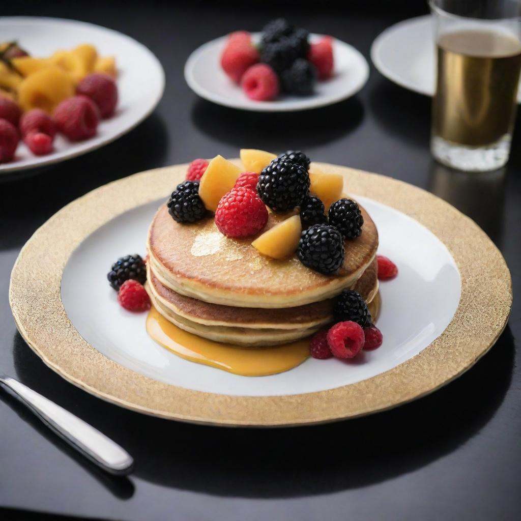 A luxurious $100 pancake, extravagantly topped with edible gold leaf, a side of caviar, and adorned with fresh, exotic fruits. Served on a designer plate amidst high-end silverware, on a lavish dining table.